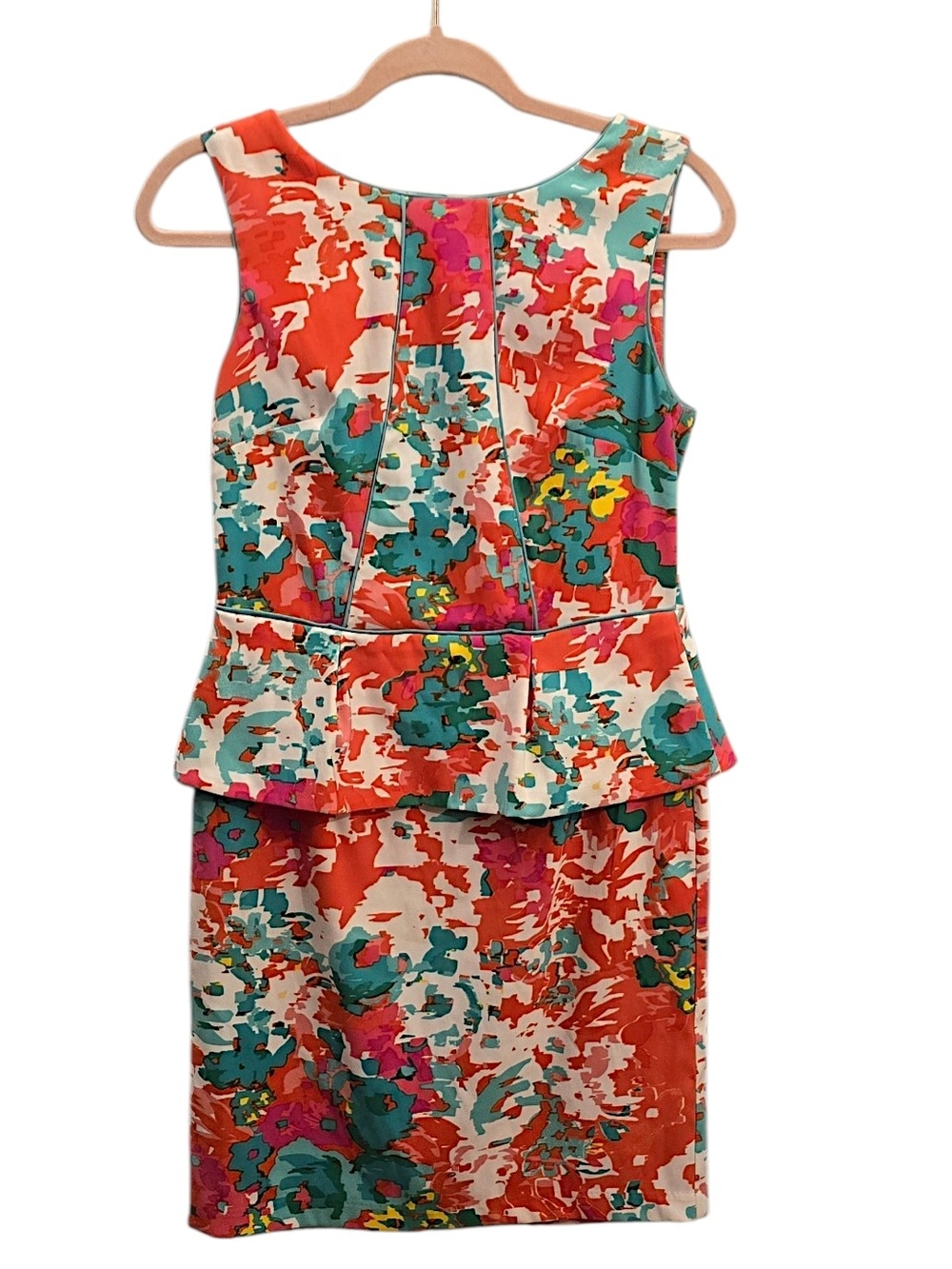 AGB Coral and Teal Floral Peplum Midi Dress